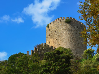 Fototapeta na wymiar Towers of the fortress Rumeli Hisari against the blue sky and greenery. The fortress was built in 1453 to conquer Constantinople.