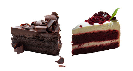Chocolate cake slice with curl and One slice of red velvet cake with topping set on white background.