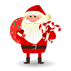 Santa Claus stands with candy canes.