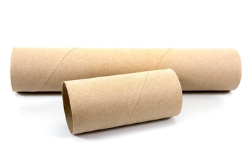 Short and long tissue paper core isolated on white background.It is two brown of toilet paper core isolated