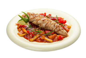 Pike perch with vegetables in sweet and sour sauce. Asian cuisine. On a white background