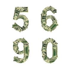 Numbers 5, 6, 9, 0 made of dollars isolated on white background