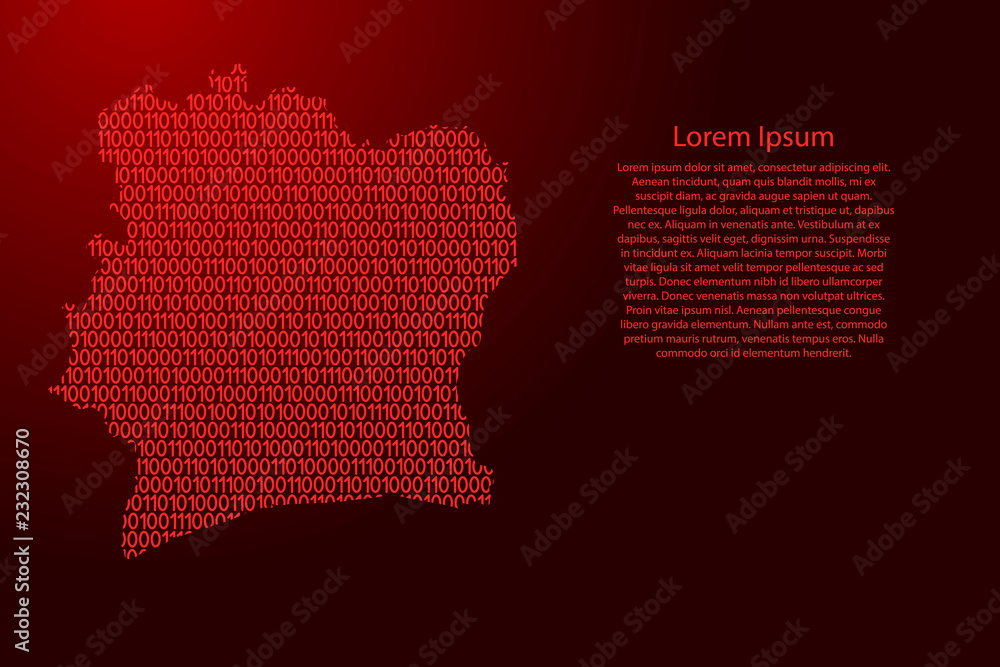 Fototapete ivory coast map abstract schematic from red ones and zeros binary digital code for banner, poster, g