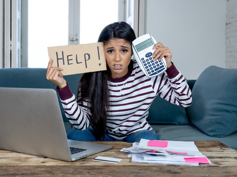 Stressed woman asking for help in online banking and accounting home and credit card expenses