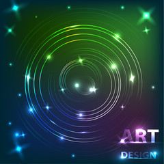 The effect of the magical shine of glowing neon rings on a dark background. Music design. Vector illustration.