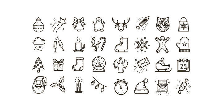 black and white set of simple line art vector outline icons on the theme of Christmas and New Year holidays