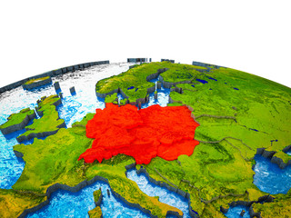 Central Europe on 3D Earth with visible countries and blue oceans with waves.