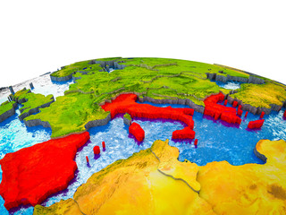 Southern Europe on 3D Earth with visible countries and blue oceans with waves.