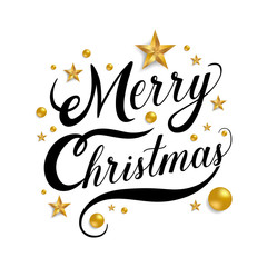 Merry Christmas hand drawn lettering with golden star and ball on white background.