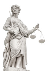 Statue a judge woman with scales and sword isolated at white background in Potsdam, Germany,...