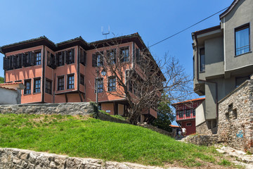 Typical street and houses from the period of Bulgarian revival in old town of  city of Plovdiv, Bulgaria
