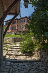 Typical street and houses from the period of Bulgarian revival in old town of  city of Plovdiv, Bulgaria