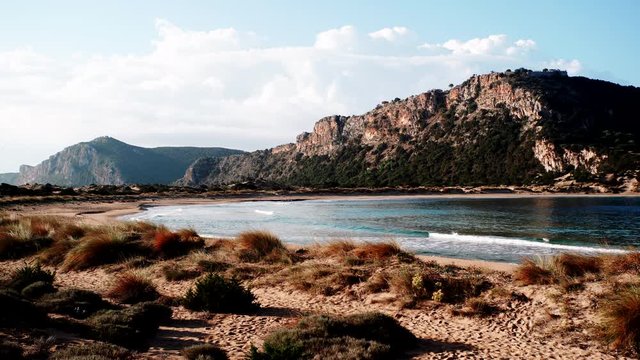 The famous Voidokilia Beach and Navarino castle in Messinia Greece Peloponnese, mediterranean Europe. Holidays travel