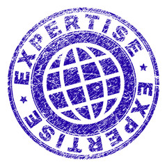 EXPERTISE stamp imprint with grunge texture. Blue vector rubber seal imprint of EXPERTISE label with dust texture. Seal has words placed by circle and planet symbol.