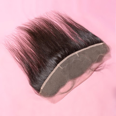 staight black human hair weaves extensions lace frontal upon pink background