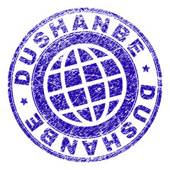 DUSHANBE stamp print with distress texture. Blue vector rubber seal print of DUSHANBE caption with retro texture. Seal has words placed by circle and planet symbol.