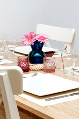 table serving plate vase flower breakfast white tone pink blue home romantic dinner hotel