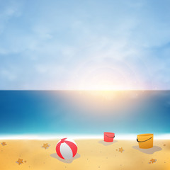 Fototapeta na wymiar Aummer background on blue sky beach with sunny burst.