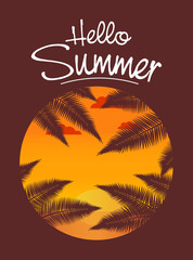  Hello Summer tropical banner. A sunset on the sandy beach with palm tree leaves. In plainly revenged a vector. Vintage design concept for travel companies.rest during a holiday on a seashore surfing