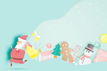 Santa claus with various christmas items in paper art and pastel color scheme