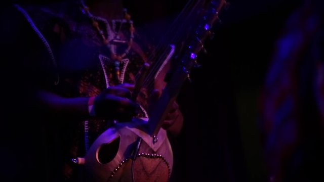 Close up of kora player performing on stage