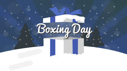 Fototapeta na wymiar Boxing Day Sale Design with Gift Box, Snowfall, and Bokeh Effect.