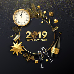 Happy New Year 2019 card with Christmas decorations, Champagne, fir and clock. - 232316052