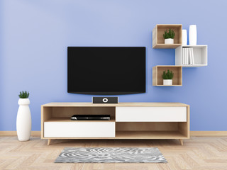 TV on cabinet in modern living room on blue wall background,3d rendering