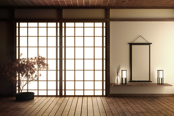 Japanese living room with wood floor and white wall with decoration Japanese style,3d rendering