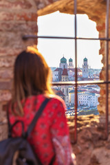 woman  looking at amazing woods and mountains in summer, travel concept, space for text