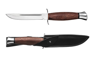 Hunting knife with wooden handle and leather case isolated on white