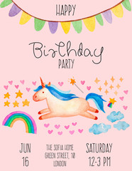 Magical birthday card with unicorn. Cute unicorn invitation card. Isolated on pink background. Fantasy and magic collection. Poster, postcard, label for printing. Trendy watercolor illustration.