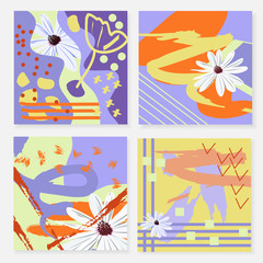 Fototapeta na wymiar Set of artistic creative universal cards. Hand drawn texture. Design for poster, postcards, invitations, brochures, leaflets. Bright geometric pattern with doodles elements painted with brush. Vector.