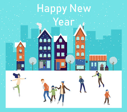 Happy New Year greeting card with people skating on the ice rink.
