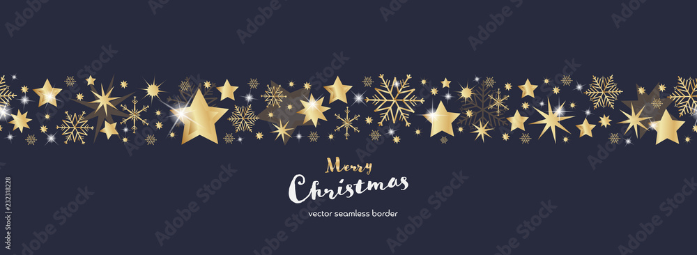 Wall mural Christmas time. Dark blue and golden snowflake and star seamless border. Text : Merry Christmas 