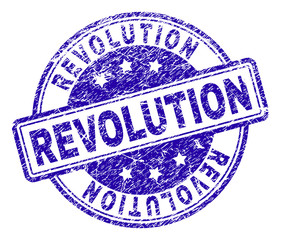 REVOLUTION stamp seal imprint with distress texture. Designed with rounded rectangles and circles. Blue vector rubber print of REVOLUTION caption with corroded texture.