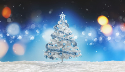 Obraz premium Decorated white and blue Christmas tree in snow