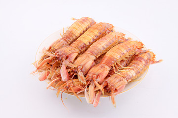 Cooked mantis shrimp in dish