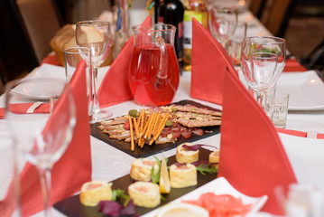 Dining Table, served table with food and drink