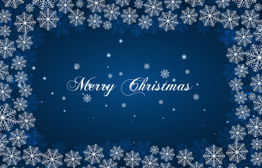 Blue New Year background with white snowflakes and inscription Merry Christmas. Snowfall. For Christmas design