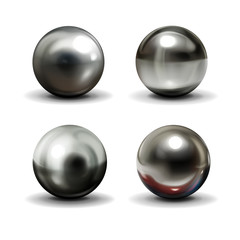 Set of steel or silver balls with shadows from below realistic vector isolated on white background. Shiny, metallic spheres with various light reflections on chrome surface 3d illustrations collection