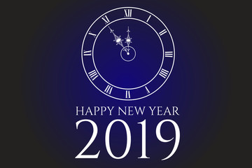Illustrazione testo HAPPY NEW YEAR 2019, orologio con numeri romani, sfondo blu e nero, Festività