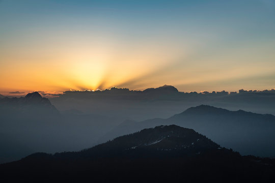 Sunset over French Alps, Parc naturel r&iacute;&copy;gional du Massif des Bauges, Chatelard-en-Bauges, Rhone-Alpes, France