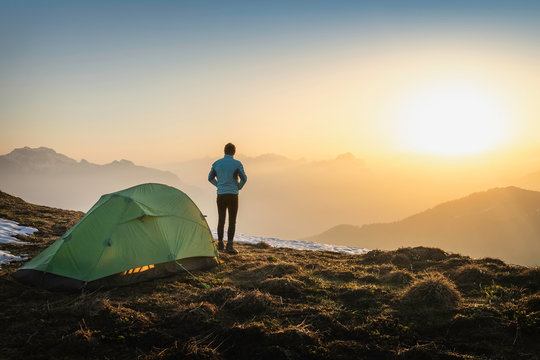 Hiker camping on French Alps, Parc naturel r&iacute;&copy;gional du Massif des Bauges, Chatelard-en-Bauges, Rhone-Alpes, France