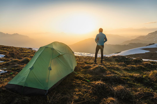 Hiker camping on French Alps, Parc naturel r&iacute;&copy;gional du Massif des Bauges, Chatelard-en-Bauges, Rhone-Alpes, France