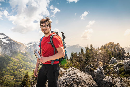 Hiker trekking French Alps, Parc naturel r&iacute;&copy;gional du Massif des Bauges, Chatelard-en-Bauges, Rhone-Alpes, France