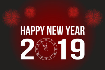 Illustrazione testo HAPPY NEW YEAR 2019, orologio con numeri romani, sfondo rosso e nero con fuochi d’artificio, Festività