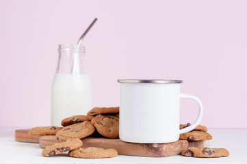 10oz white metal camp mug mock up with milk and cookies
