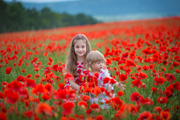 fashion, freedom, journey, travel, family, friendship concept - in the middle of poppy field there are enchanting little nymphs in gorgeous blue and white dresses and with floral wreaths on heads
