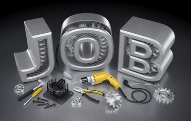 Repair Technician Job. Set of locksmith's / mechanic's tools and machine parts on reflective background in front of JOB word. 3d rendering graphic composition on the subject of "Employment And Labour"